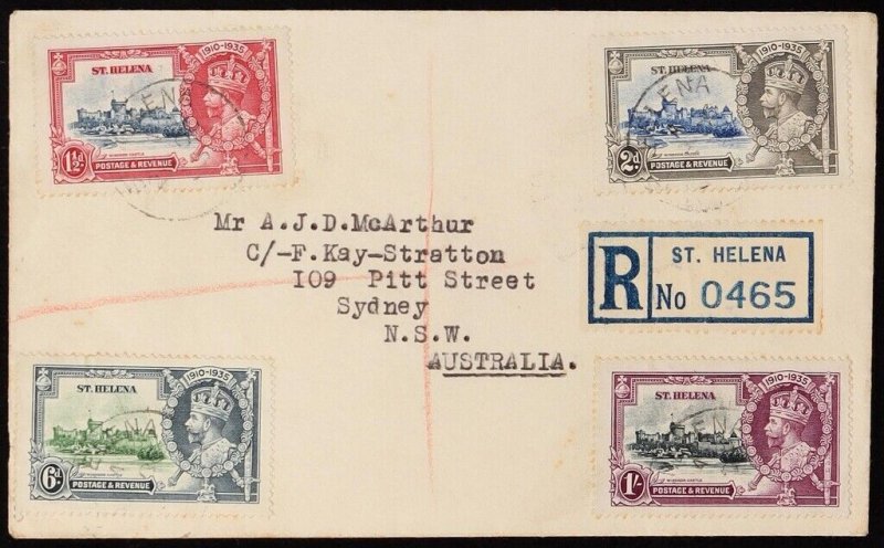 ST. HELENA 1935 Registered cover franked KGV Silver Jubilee set. To Sydney.