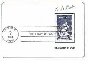 1983 FDC, #2046, 20c Babe Ruth, Tudor House D-1164, postcard