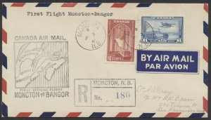 1941 Flight Cover Registered Moncton NB to Bangor Maine AAMC #4101