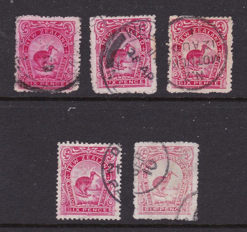 New Zealand x 5 used 6d kiwi from the 1907 set