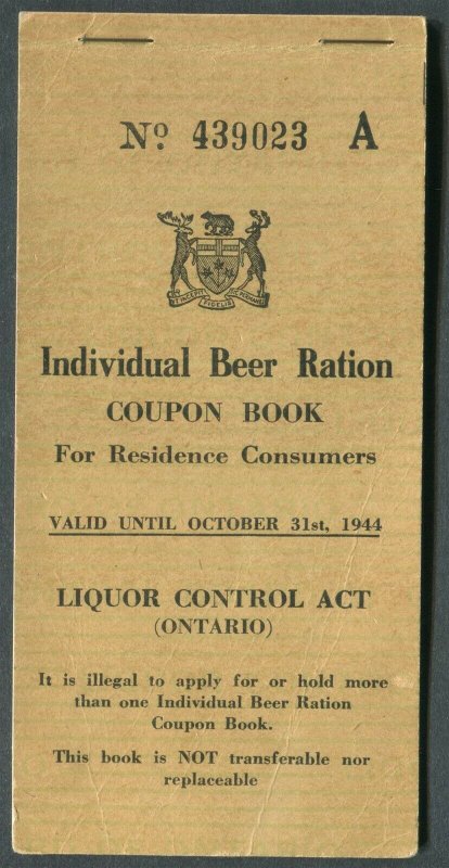 CANADA REVENUE ONTARIO BEER RATION COUPON BOOK