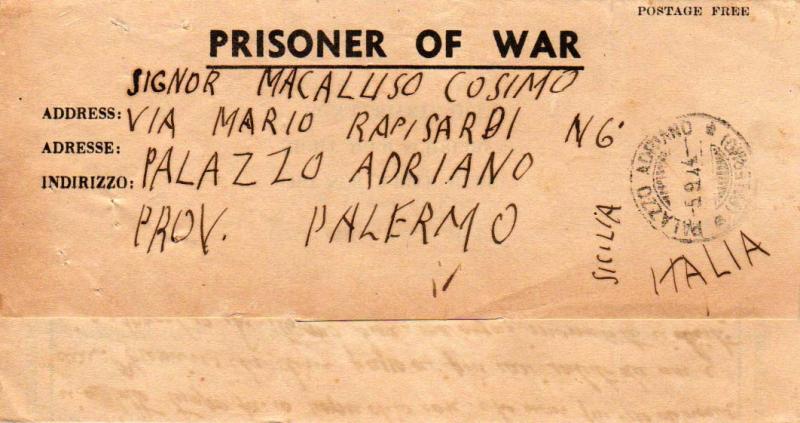 Algeria Italy P.O.W. Free Mail 1944 [Oran] Prisoner of War Lettersheet to Pal...