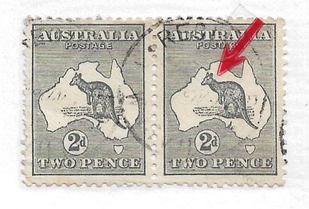 1913 Australia #3 2p kangaroo used pair with minor flaw