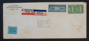 1938 Angola IN USA Airmail Cover to Istanbul Turkey Tri State College