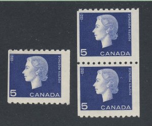 Canada 3x Mint Coil Stamps;  #409 - 5c Coils 1x MNH, 2x MH