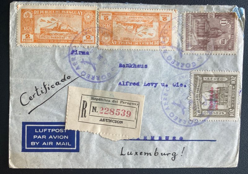 1938 Asuncion Paraguay Airmail Registered Cover To Luxembourg