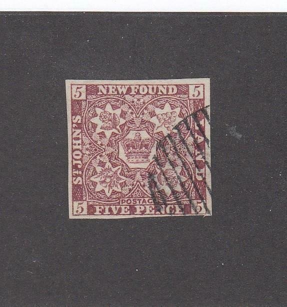 NEWFOUNDLAND (MK6772) # 5 VF-USED 5p 1857 CREST IMPERF /BROWN VIOLET-#2 CV $600