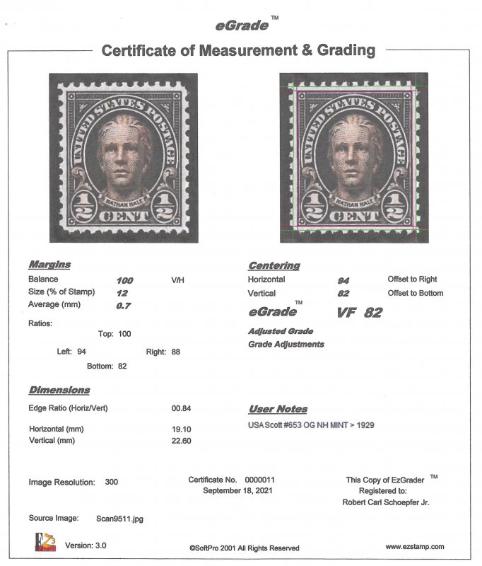 653 1/2 cent Hale Stamp mint OG NH EGRADED VF 82