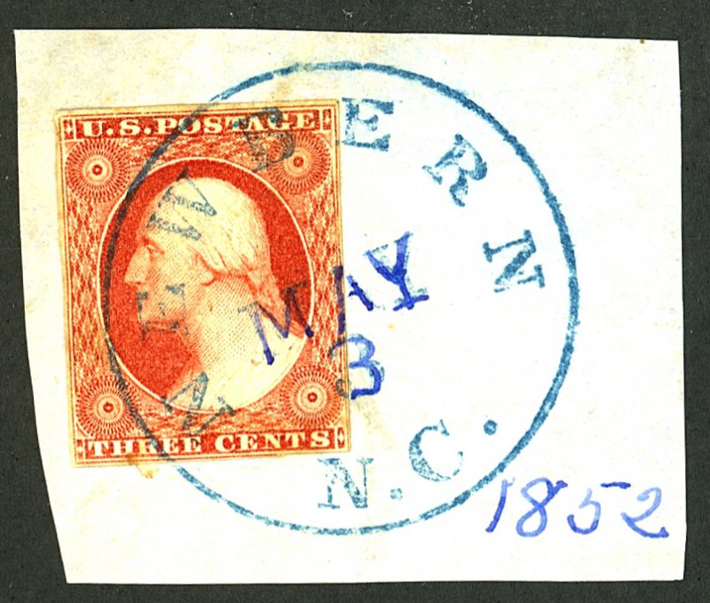 U.S. #11A USED ON PIECE BLUE NEWBERN NC CANCEL, PEN WRITING 