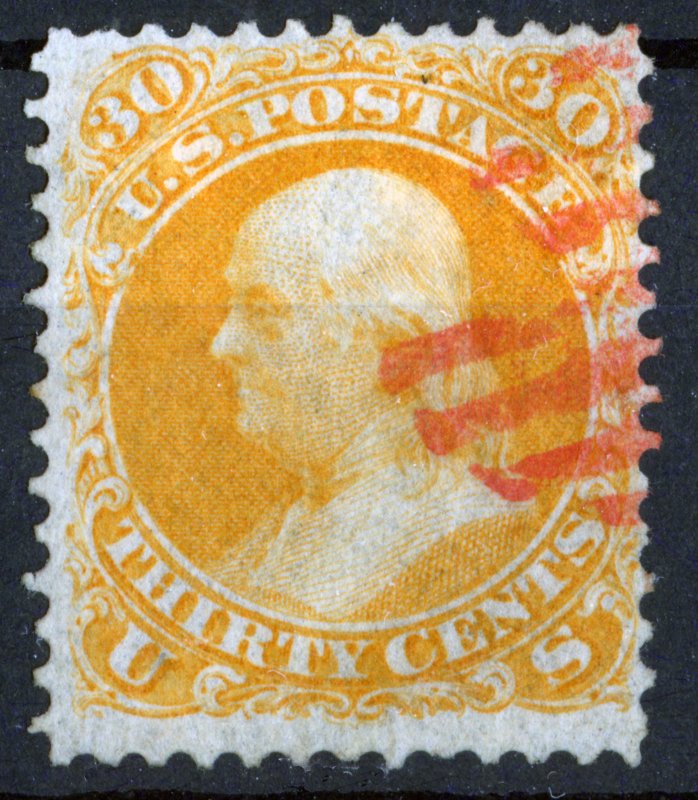 US Stamp,1875 30c Benjamin Franklin,Brow. Orange Re-issue Without Grill