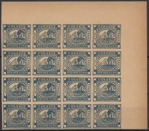 ARGENTINA BUENOS AIRES 1858 BARQUITOS Sc 2 BLOCK OF 16 BUHLER's REPRINT UNUSED 