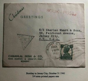 1941 Bombay India Censored Christmas Greetings Cover To Jersey City NY USA