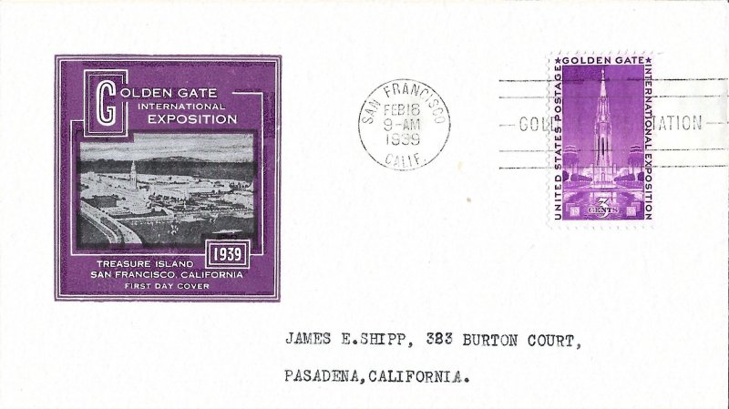 1939 FDC, #852, 3c Golden Gate International Exposition, Ioor