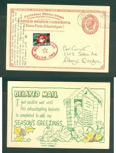 USA. 1957. Stationery, Reply Card. 2 C. Lady Liberty+Christmas Seal. Salem. Adr.