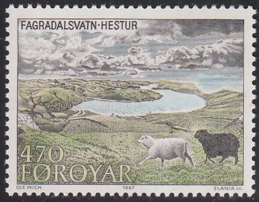 Faroe Islands 1987 MNH Sc #164 470o Hestur (Horse) Island Pasture, sheep