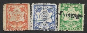 SD)1898 MEXICO  3 FISCAL STAMPS COAT OF ARMS 1C & 10C USED, 50C WITH MINT