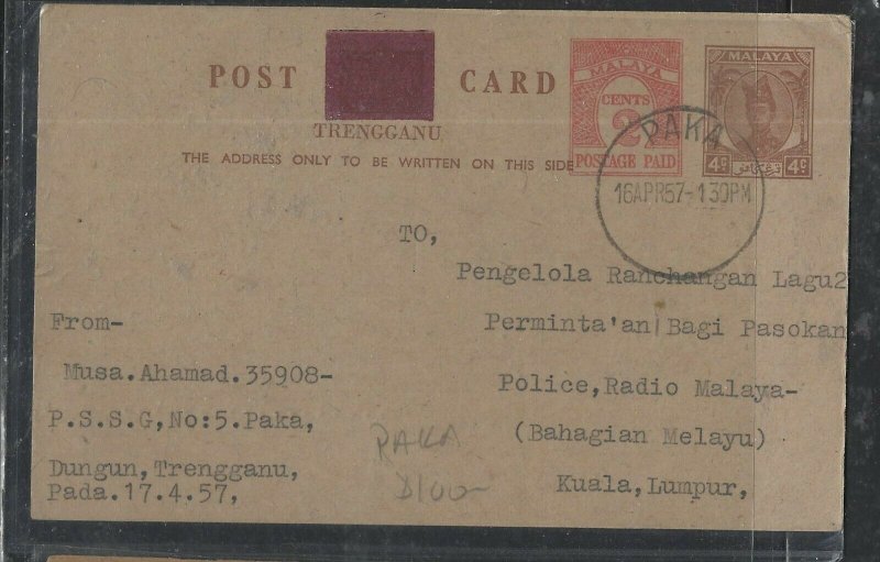  MALAYA TRENGGANU (PP1008B) 1957    PSC SULTAN 4C+2C PAKA TO KL