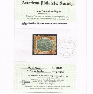 GENUINE MALAYA SCOTT #25b USED APS CERT BROWN ORANGE & GRAY CARMINE