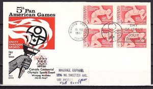 Canada, Scott cat. 472. Pan American Games, blk/4  issue. First day cover. ^