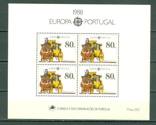 PORTUGAL 1988 EUROPA-MAIL TRANSPORT. #1735a SOUV. SHEET MNH...$10.00