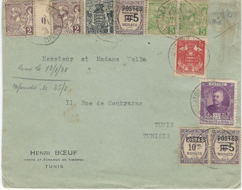 Monaco, 10 Stamps Used on 1938  Cover Sent to Tunis, Tunisia