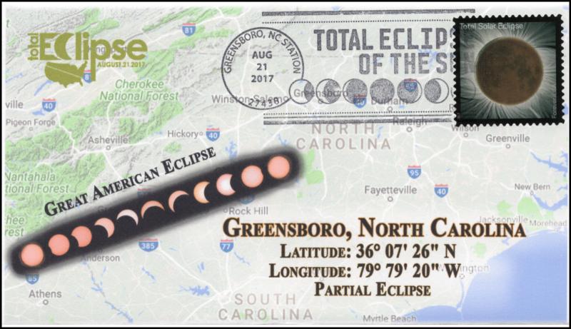 17-217, 2017, Total Solar Eclipse, Greensboro NC, Event Cover, Pictorial Cancel,