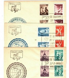 POLAND 1955 FDCs Set{3} Youth Olympic Games *IMPERF* Stamps Matched SPORT MA490