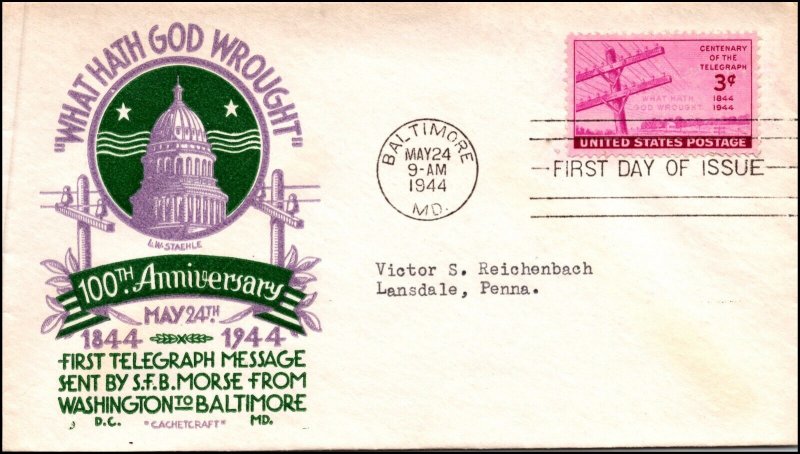 Scott 924 - 3 Cents Telegraph - Staehle FDC - Erased Address - Planty 924-9