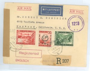 Austria 480/481/B166 3sh and 5sh and B166 used Jul 5, 1946 on censored registered airmail cover to Maywood, California. New York