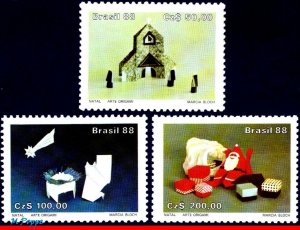 2153-55 BRAZIL 1988 CHRISTMAS, RELIGION, ORIGAMI ART, MI# 2271-73 C-1603-05, MNH