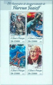 M1642 - S TOME & PRINCIPE, ERROR, 2013, MISPERF stamp SHEET:  Tazieff, Dinosaurs