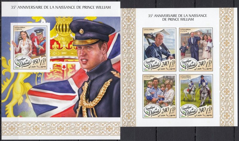 Dz0968 ! Imperf 2017 Djibouti Prince William Princess Diana #1831-4+Bl902 Mnh