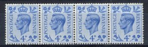 GB 1951 New colours 4d um horiz coil strip of 4, good perfs, seldom seen in th