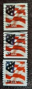 US Scott # 3632,3632A,3632C; Three used 37c Flag, 2002-2004; VF centering