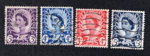 Great Britain Wales 1958-69 3p to 5p Regionals, Scott 1, 8, 10-11 used