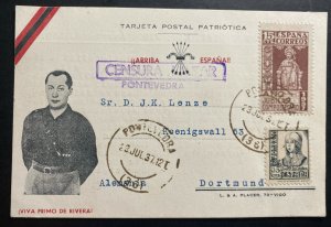 1937 Pontevedra Spain Nationalist Postcard Censored cover to Dortmund Germany