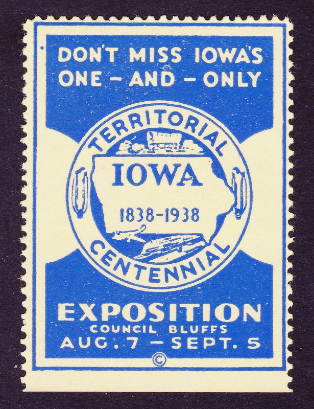 REKLAMEMARKE POSTER STAMP ⭐ IOWA TERRITORIAL EXHIBITION ⭐ COUNCIL BLUFF 1938  