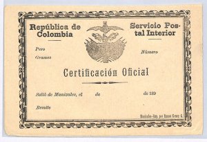 COLOMBIA Official CUBIERTA Manizales (1890) Insured Letter Stamp Stationery WX39