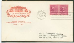 US 843 1939 First Day Cover 4c James Madison (Presidential/Prexy/Series) line pair coil on an addressed (typed) First Day Cover