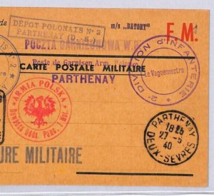 POLAND WW2 Card Military POLISH FORCES 1940 FRANCE Parthenay CDS Censor YE161