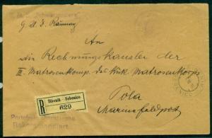 1916, Hungary Naval cover, registered, ship “SCWARZENBERG’ purple straight line