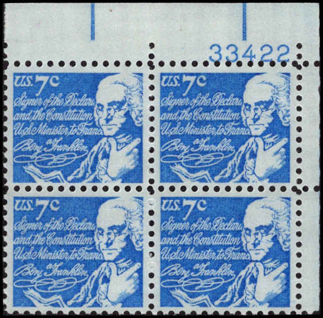 US #1393D FRANKLIN MNH UR PLATE BLOCK #33422 DURLAND $1.00