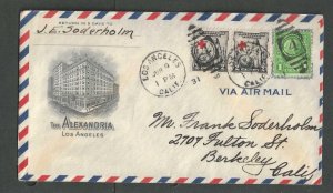 1931 Los Angeles Ca Hotel Alexandria Airmail Cover W/Pr Red Cross Stamps--