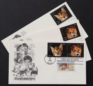 U.S. Used #3670-3671 37c Neuter/Spay Lot of 3 ArtCraft First Day Covers