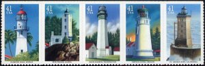 2007 41c Pacific Lighthouses, Strip of 5 Scott 4146-50 Mint F/VF NH