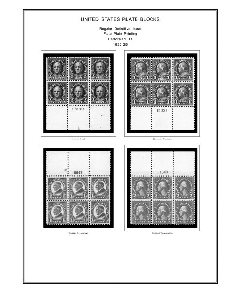 US 1901-1929 PLATE BLOCKS STAMP ALBUM PAGES (46 PDF b&w illustrated pages)