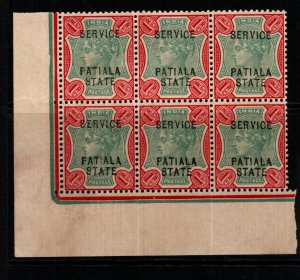 INDIA-PATIALA SGO21 1903 1r GREEN & CARMINE BLOCK OF 6 MNH