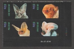 U.S. Scott #3661-3664 American Bats Stamp - Mint NH Plate Block