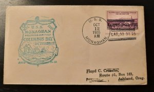 1935 US Navy Columbus Day Illustrated Cachet USS Monaghan Ashland Oregon