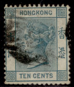 HONG KONG QV SG37, 10c deep blue green, USED. Cat £50.